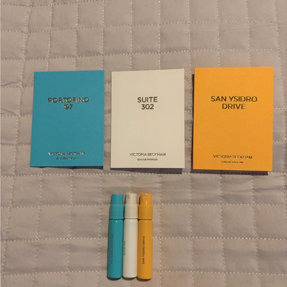Victoria Beckham Fragrance Trio in Blue, White, and Yellow